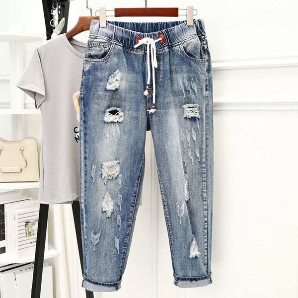 

cocoepps 4xl 5xl summer plus size hole harem jean high waist casual big size nine jean women large loose elastic waist, Blue