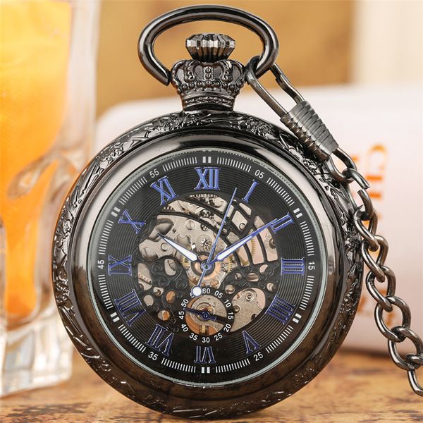 

retro mechanical pocket watch hand-winding timepiece roman numerals display skeleton steampunk fob pendant clock vintage watches, Slivery;golden