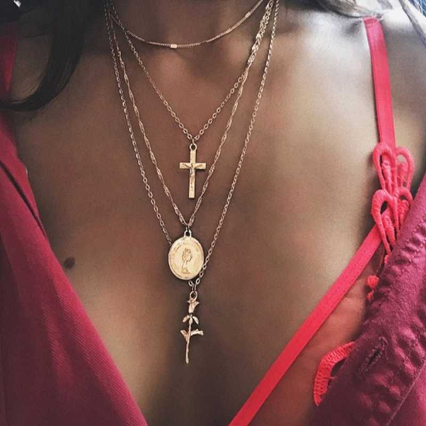 

creative retro new fashion personality cross rose beauty head multi-layer necklace, Silver