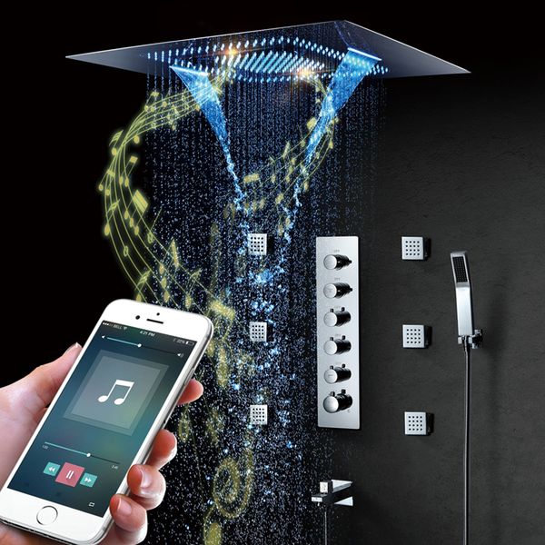 

music led shower head 800*600mm spray waterfall rainfall shower bathroom thermostatic shower faucets unit speaker showers