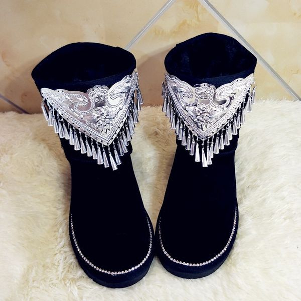 

winter handmade custom wind chimes increased 6cm snow boots wild rhinestones totem tassels warm women's boots., Black