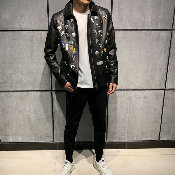 

men leather jacket male real leather jacket genuine sheepskin, Black