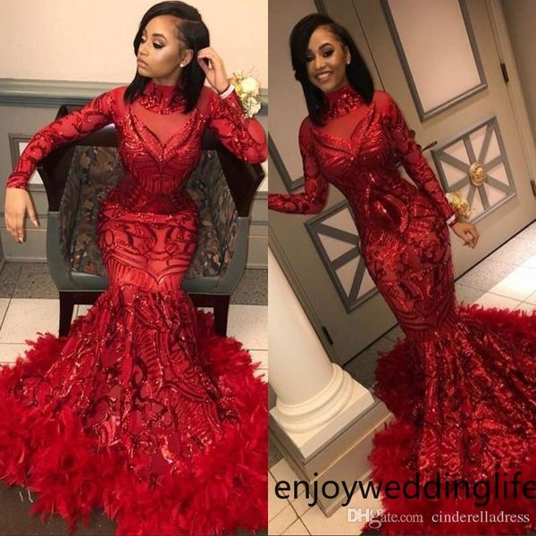 

red mermaid african prom dresses 2019 vintage feather long sleeve floor length sequined high neck formal evening dress party gowns bc1327, Black
