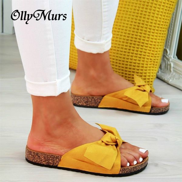 

ollymurs women slippers slip on peep toe ladies bow flats shoes female 2020 new slippers shoes plus size, Black