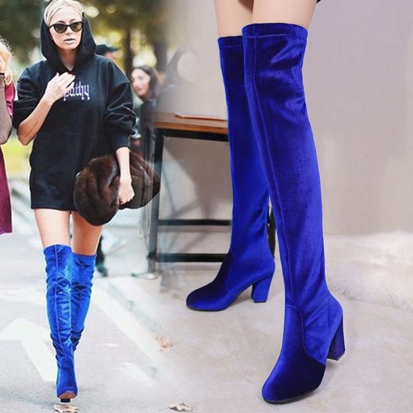 

2018 spring woman high heel boots woman boots over the knee platform velvet rubber round toe shoes lady boot, Black