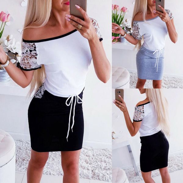 

2020 fashion patchwork dress women summer slash neck short mini dress bodycon evening party beach dresses, Black;gray