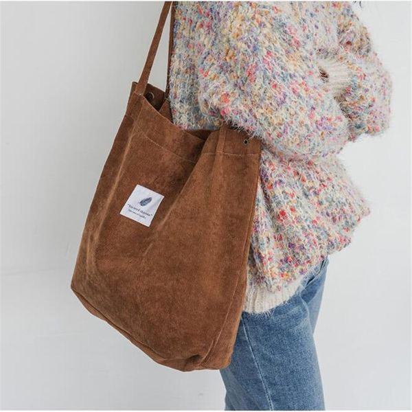 

fashion women solid corduroy casual shoulder bags tote female shopping beach bag black yellow handbag 6 colors foldable reusable