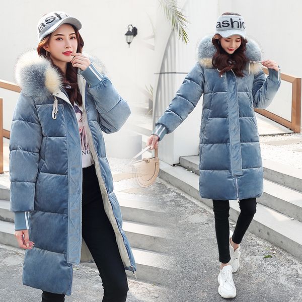 

nice new winter fur collar down cotton jacket women long section of thick padded down loose thick hooded jacket, Black