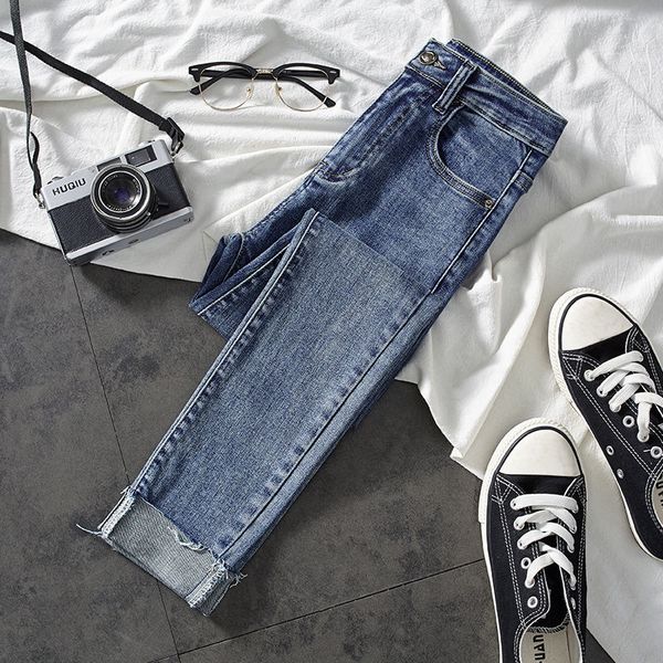 

women 2020 spring summer new zipper high waist jeans skinny elastic pants female plus size vintage pencil denim trousers a111, Blue