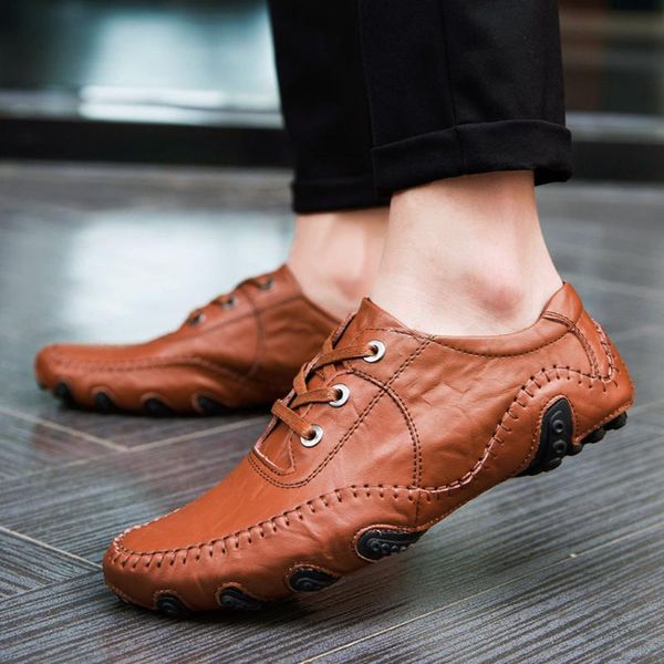 

men casual leather shoes comfortable soft pu leather flats shoes male fashion lace up daily work pointed toe man loafers, Black