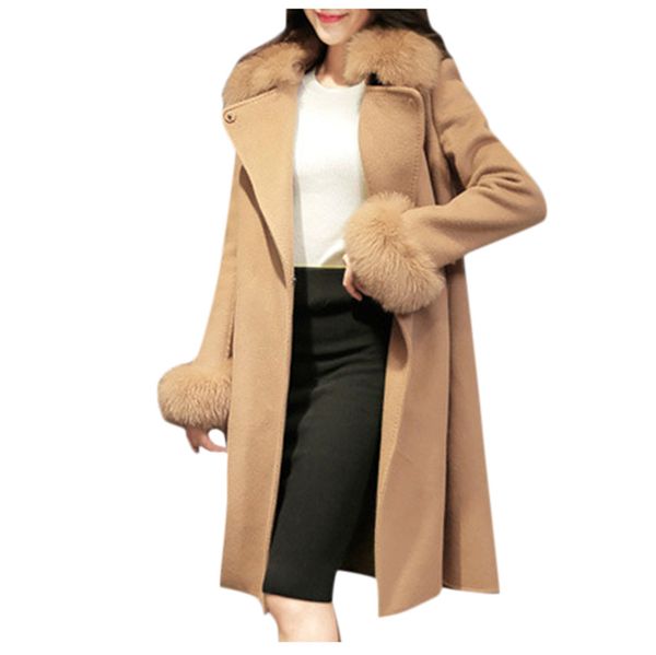 

winter coat womens winter lapel wool coat trench jacket long sleeve overcoat outwear oversize long trench mujer dropship, Black