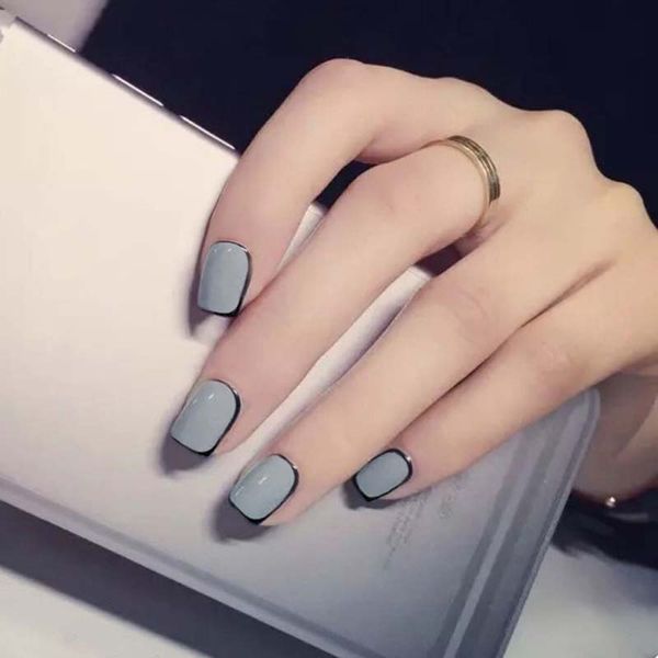

ladies individuality diy dark grey color black edging false nails with glue women short size design full cover fake nails 24pcs, Red;gold