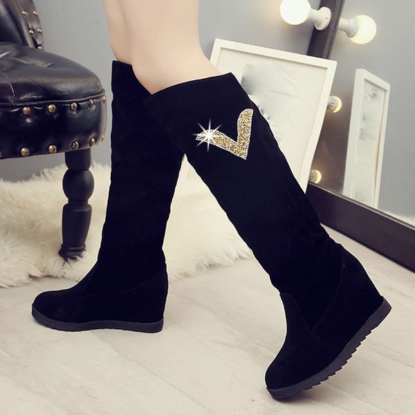 

women on the knee elastic boots boots shoes middle tube wedge shoes, Black