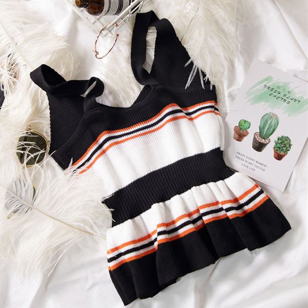 

contrast striped camisole vest sweater camisole women's high waist ruffled, White