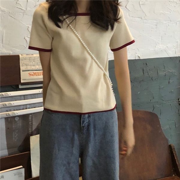 

contrast color short-sleeved knitted t-shirt female 2020 slim ins student short versatile contrast color short-sleeved knitted t-shirt f, White