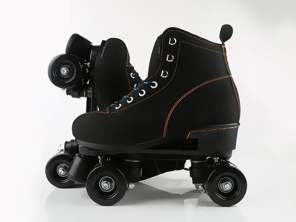 

double line indoor quad parallel skates shoes boots 4 pu wheels black with brake lace-up women men