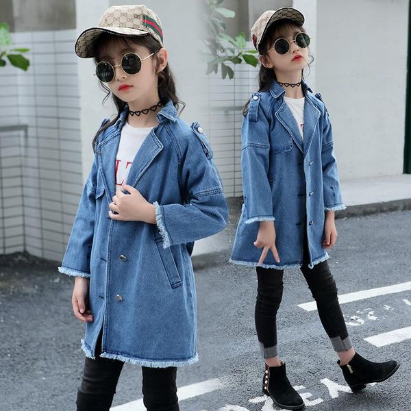 

2019 new long style childre girls denim jackets coats with belt girls denim trench coat outerwear clothing for girl kids, Blue;gray