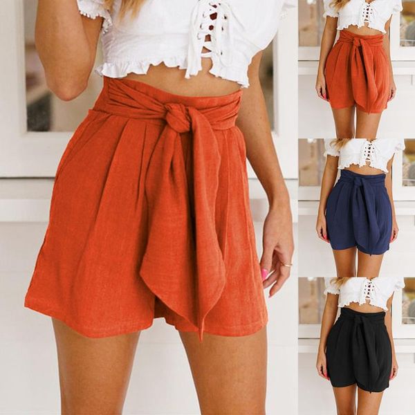 

womens high waist tie belt cotton linen baggy shorts ladies summer pants tie high waist short pants lace up, White;black