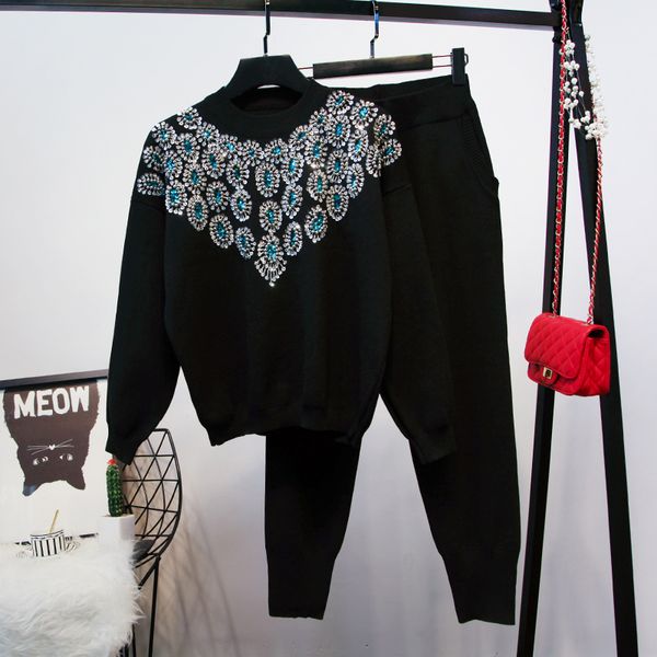 

european station 2020 autumn and winter new beading diamonds sequins street long-sleeved sweater women's trousers fashion suit, Gray