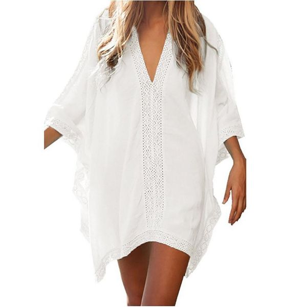 

women v-neck stitching beachwear bat sleeve bikini 3/4 casual cover-ups beach casual hollow patchwork dress, Blue;gray