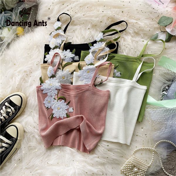 

женщина tank top вязаного elastic sexy crop tops корейского streetwear флористика sequined лоскутных женские краткие трусики 2020 лето новог, White