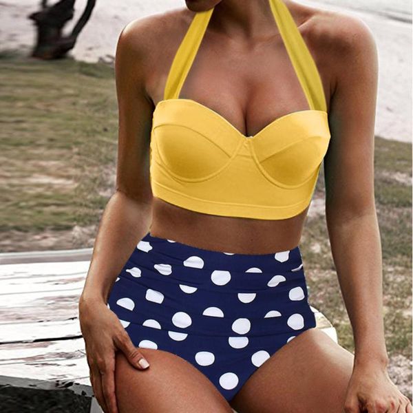 

polka-dot sling high waist two-piece swimsuit conservative split bikinis swimwear female retro beachewear traje de ba o mujer