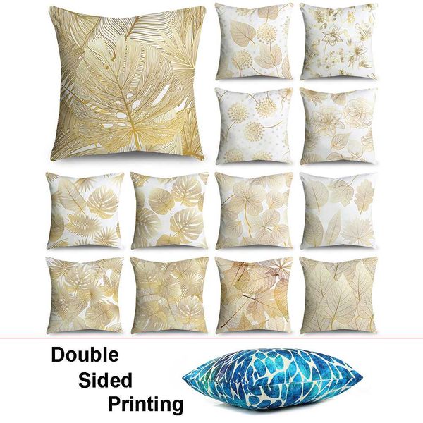 

double-sided printing nordic golden flowers leaves printed cushion cover home decorative sofa car microfiber throw pillow case