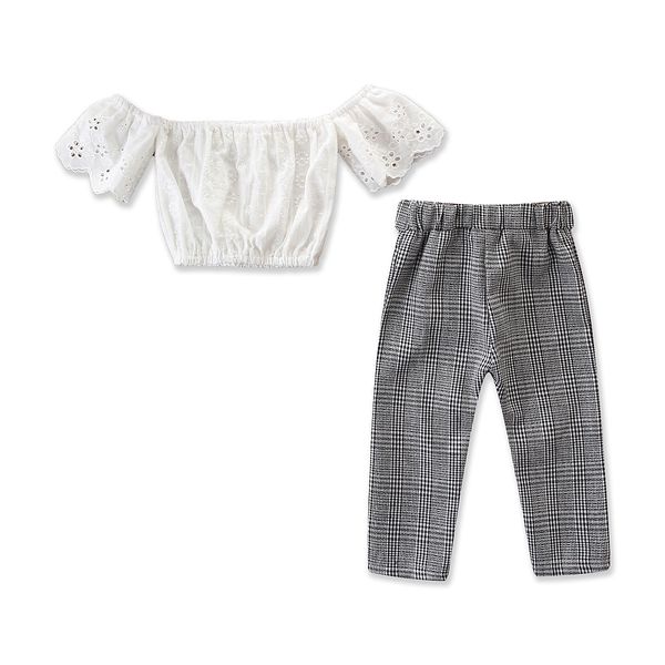 

3-7years kids baby girl summer clothes set 2pcs fashion lace off shoulder crop plaid pants adorable outfits set sunsuit, White
