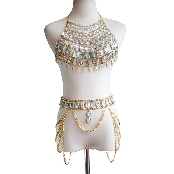 

fashion water drops acrylic bra waist chain multilayer geometric body chain set, Slivery;golden