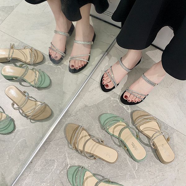 

med slippers casual shoes square heel lady slipers women slides luxury block girl 2020 soft summer pu hoof heels slippers, Black