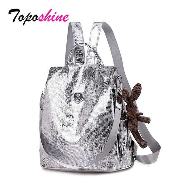 

shine 2020 new casual women backpacks pu leather anti-theft black backpack girls school shoulder bag with bear black/silver