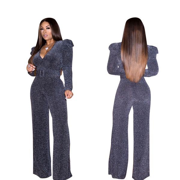 

women glitter v neck jumpsuit pants club casual long sleeve party office ladies ruffle velvet sequins rompers playsuit ljja3634, Black;white