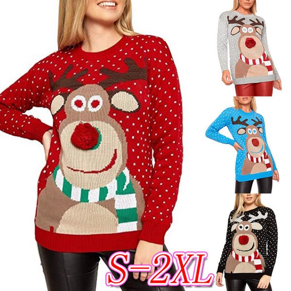 

christmas womens designer sweater cartoon deer print long sleeve womens pullover sweaters ladies crew neck sweaters, White;black