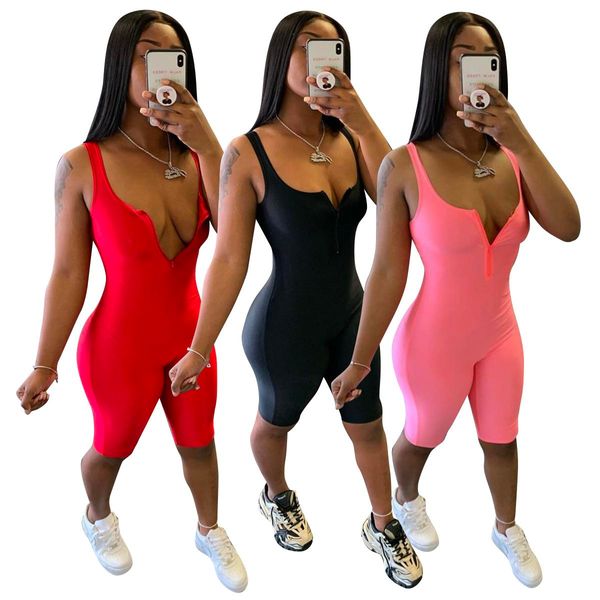 

Summer Women Skinny Solid Jumpsuits with Zipper Deep V Neck Sleeveless Stretchy Sexy Lady Playsuits for Sports Nightclub 2020 Hottest