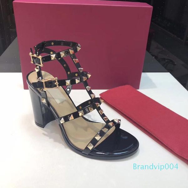 

women leather stud sandals t-strap party shoes summer high heels rivets shoes ladies party shoes 6.5cm 9.5cm 15, Black
