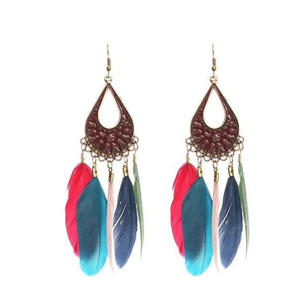 

retro hollow water drop long section tassel feather earrings european and american creative earrings explosion accessories accessories, Silver