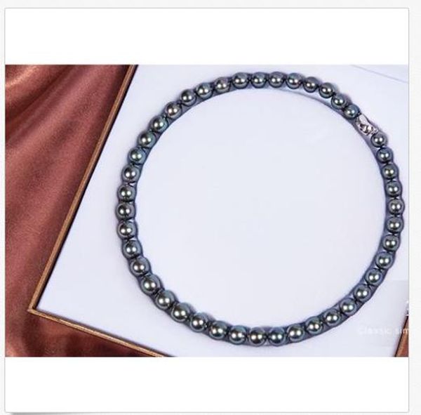 

aaaaa10-11mm tahitian round black green pearl necklace 18inch 925s, Silver
