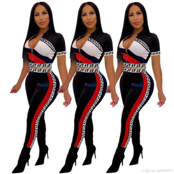 

womens letter printed two piece tracksuit f letters crop long pants outfits bodycon sweatsuit set short sleeve zipper jacket suit, White