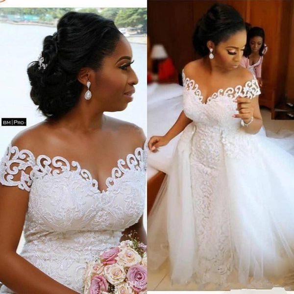 Abiti da sposa sexy a sirena africana nigeriana con strascico staccabile con applicazioni in pizzo pieno trasparente con spalle scoperte abiti da sposa a maniche corte Z147