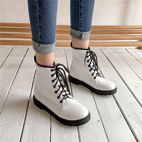

2019 vintage punk lacing womens shoes low heel lace up ankle combat boots for women white black gothic booties