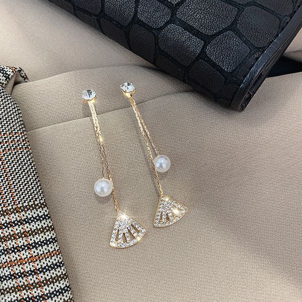

korean fashion simple rhinestones fan-shaped pearl long dangle earrings temperament graceful women girl jewelry accessories, Silver