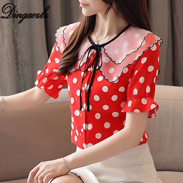 

dingaozlz summer for women new korean fashion polka dot female shirt short sleeve casual chiffon blouse blusa, White