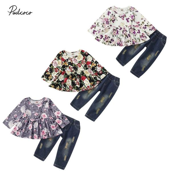 

2020 детские весна осень одежда малыш малыш девочка цветочные с длинным рукавом платье топ джинсовые брюки брюки наряд одежда 1-4т, White