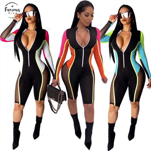 

color letter s 3xl patchwork sheer mesh bandage jumpsuit women zipper v neck long sleeve shorts romper night club playsuit, Black;white