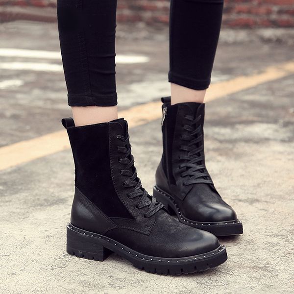 

british stylish style shoes for women winter warm plush boots lady natural leather female heeled booties big size, Black
