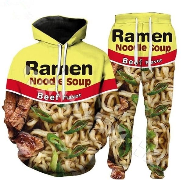 

2019 new fashion men/womens food beef noodle funny 3d print hoodie+pants, Black