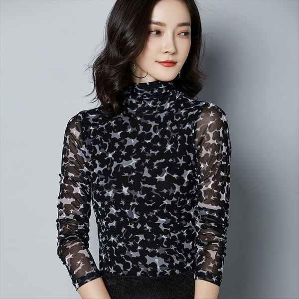 

g6188 feimina 2019 autumn printing base shirt high collar long sleeve women's small shirt top, White