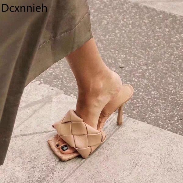 

summer weave high heels slippers women square toe braided designer runway party shoes woman mules shoes thin heel sandals women, Black