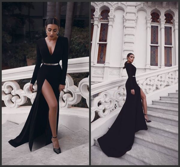 

black mermaid long sleeve muslim evening dresses split 2019 new prom dresses special occasion dresses vestidos de fiesta party evening gowns, Black;red