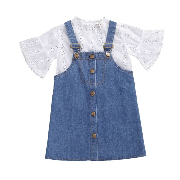 

2020 boutique toddler kids baby girls flare half sleeve hallow out t shirt + denim strap dress 2pcs outfits set 3-8y t200707, White